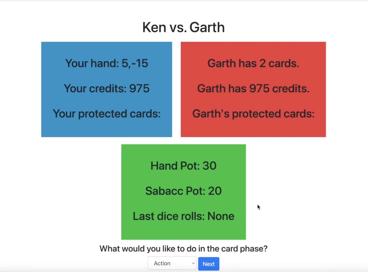 First version of the Sabacc interface: two colored boxes of text for two players