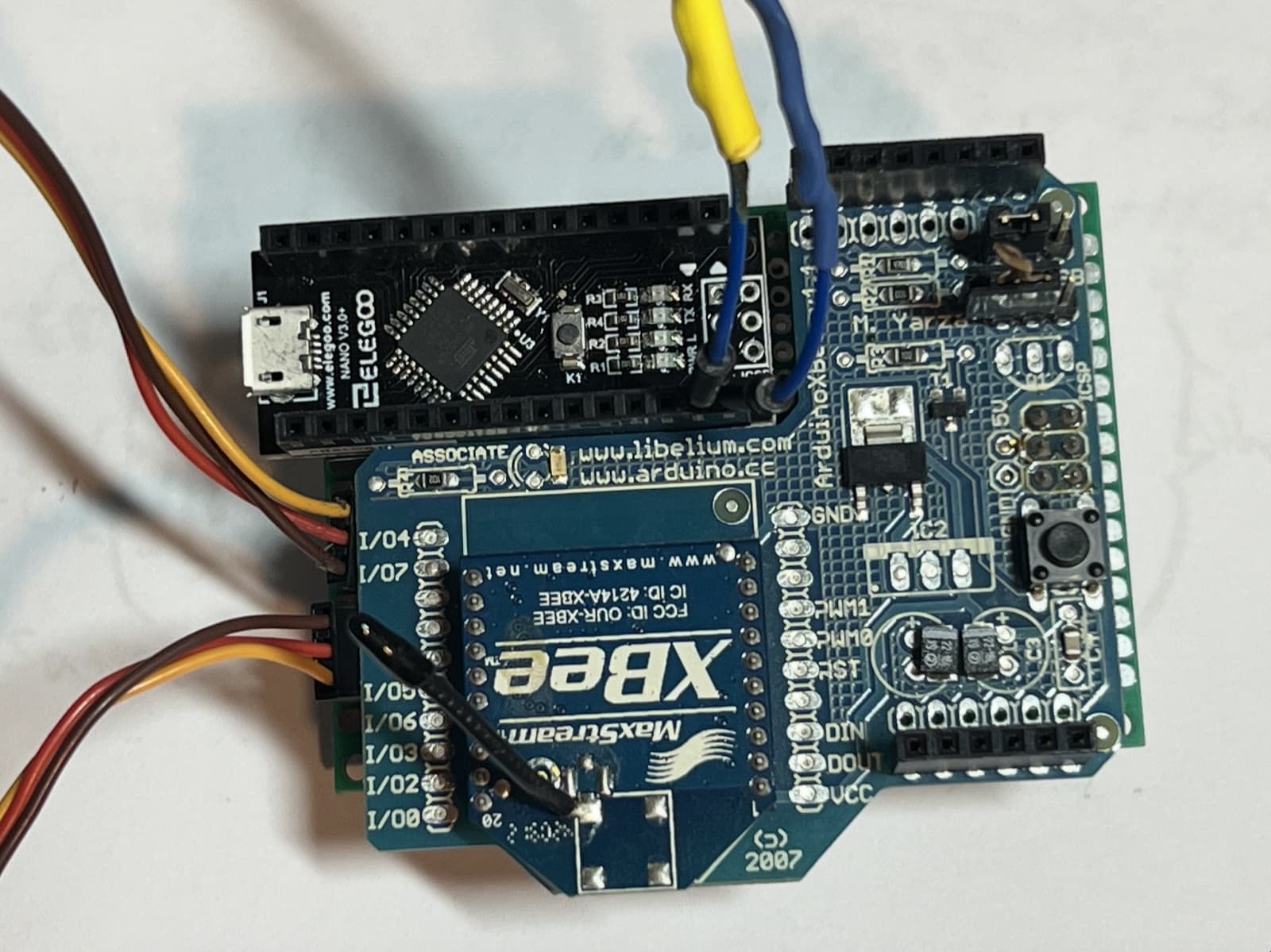 Arduino Nano and Uno XBee shield mounted together on the perfboard